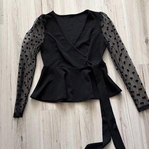 SHEIN Black Wrap Blouse with Sheer Polka Dot Sleeves